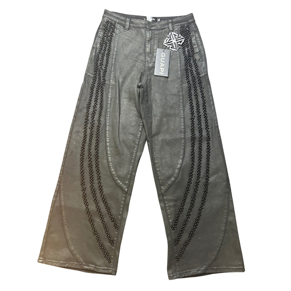 Guapi Wide Leg Pants‎ Black Mens 32 Coated Beaded Fringe Streetwear Grunge NEW